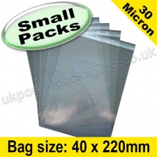 Cello Bag, with re-seal flaps, Size 40 x 220mm - Small Packs