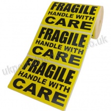 Fragile Handle With Care, Yellow Labels, 101.6 x 63.5mm - Roll of 500