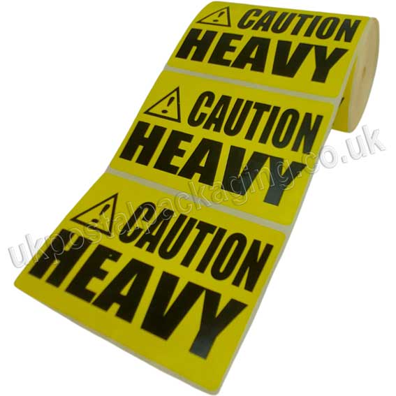 Caution Heavy, Yellow Labels, 101.6 x 63.5mm Roll of 500 UK Postal
