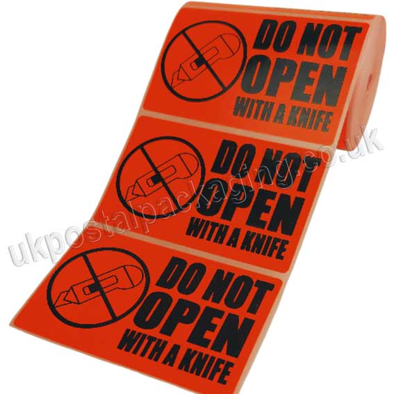 Do Not Open With a Knife, Red Labels, 101.6 x 63.5mm - Roll of 500