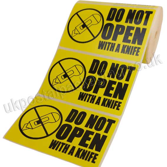 Do Not Open With a Knife, Yellow Labels, 101.6 x 63.5mm - Roll of 500