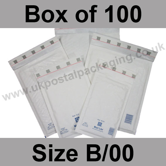 Mail Lite, White Bubble Lined Padded Bags, Size B/00 - Box of 100