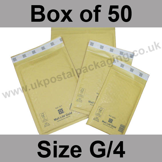 Mail Lite, Gold Bubble Lined Padded Bags, Size G/4 - Box of 50