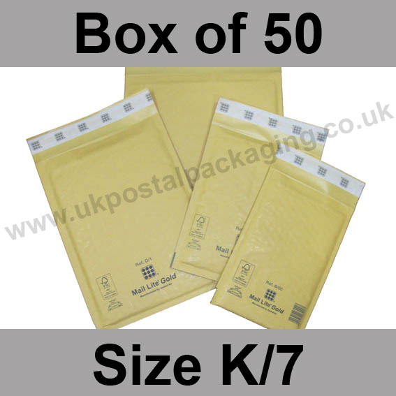 Mail Lite, Gold Bubble Lined Padded Bags, Size K/7 Box of 50 UK