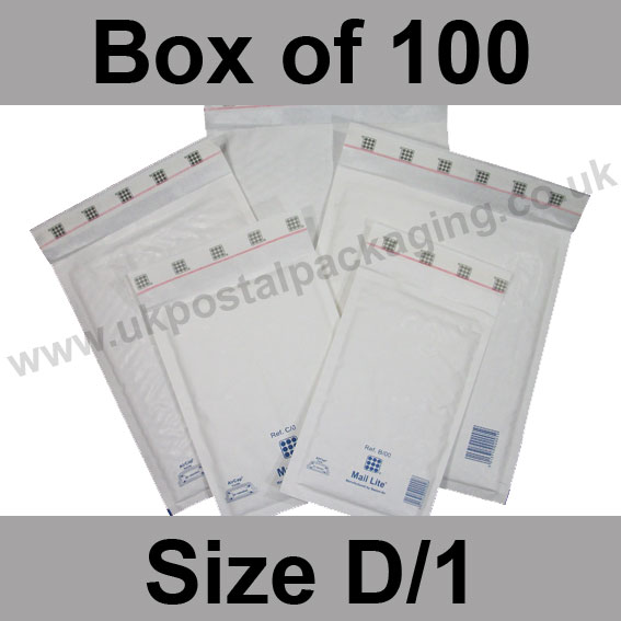 Mail Lite, White Bubble Lined Padded Bags, Size D/1 - Box of 100