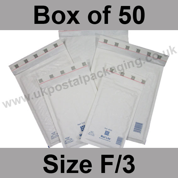 Mail Lite, White Bubble Lined Padded Bags, Size F/3 - Box of 50