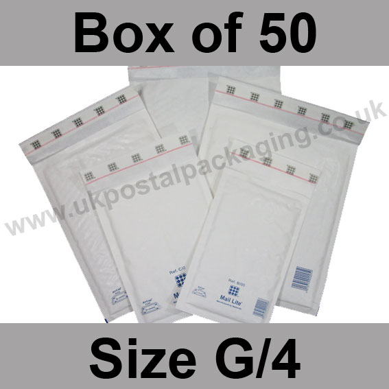 Mail Lite, White Bubble Lined Padded Bags, Size G/4 Box of 50 UK