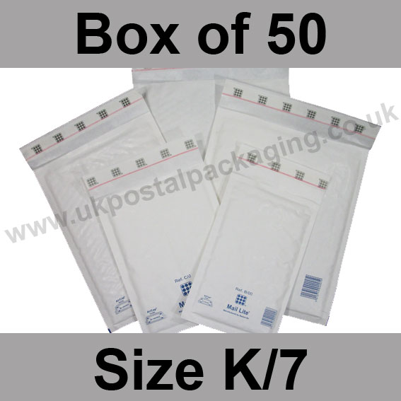 Mail Lite, White Bubble Lined Padded Bags, Size K/7 - Box of 50